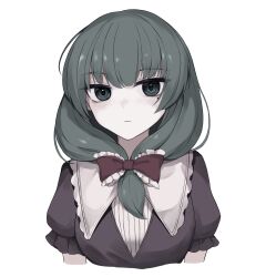 Rule 34 | 1girl, closed mouth, commentary request, cropped torso, expressionless, frilled ribbon, frills, front ponytail, green eyes, green hair, grey shirt, highres, kagiyama hina, long hair, looking at viewer, mole, mole under eye, no hair bow, puffy short sleeves, puffy sleeves, red ribbon, ribbon, shirt, short sleeves, simple background, solo, touhou, white background, yonoisan