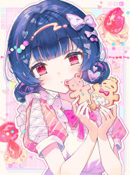 Rule 34 | 1girl, apron, blue hair, blush, bow, bowtie, collared shirt, cookie, double bun, fingernails, food, frilled apron, frills, fruit, hair bow, hair bun, hair intakes, hair ornament, highres, holding, holding cookie, holding food, idolmaster, idolmaster shiny colors, looking at viewer, morino rinze, outline, pink bow, pink bowtie, red eyes, shirt, short hair, short sleeves, solo, soriya, strawberry, twitter username, upper body, white apron, white bow, white outline