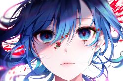 Rule 34 | 1girl, 58 (opal 00 58), blue eyes, blue hair, closed mouth, commentary, english commentary, eye focus, flower, hair between eyes, hair flower, hair ornament, highres, looking at viewer, original, portrait, red flower, red pupils, rose, short hair, solo, splatter, water drop, white background