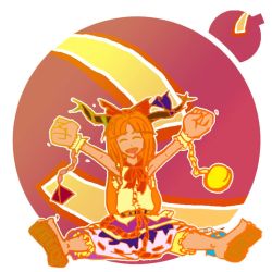 Rule 34 | 1girl, bloomers, bottle, bow, chain, closed eyes, feet, gourd, hair bow, horn bow, horn ornament, horns, ibuki suika, justin hsu, long hair, ofuda, open mouth, orange hair, orb, pyramid weight, raised fist, red bow, round image, sake bottle, sandals, shirt, simple background, sitting, skirt, solo, touhou, underwear, very long hair, white background, wrist cuffs