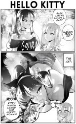 Rule 34 | 2girls, 2koma, absurdres, animal ears, assertive female, band shirt, blush, breasts, cat ears, cat tail, chibi, chibi inset, choker, clothes writing, clothing cutout, comic, commentary, couple, cutoffs, denim, denim shorts, downblouse, english commentary, english text, female pov, full-face blush, gojira (band), greyscale, grs-, height difference, highres, imagining, kemonomimi mode, large breasts, long hair, medium hair, meme, merchandise, monochrome, multiple girls, o o, off-shoulder shirt, off shoulder, original, ponytail, pov, right-to-left comic, shirt, sharon (grs-), shorts, speech bubble, tail, tail through clothes, talia (grs-), tongue, tongue out, we have food at home (meme), yuri