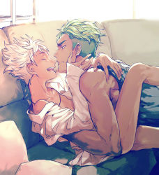 Rule 34 | 2boys, blush, bottomless, couch, green hair, king of prism, king of prism by prettyrhythm, male focus, multiple boys, muscular, nishina kazuki, piercing, pretty rhythm, pretty series, silver hair, size difference, smile, tagme, undressing, yamato alexander, yaoi