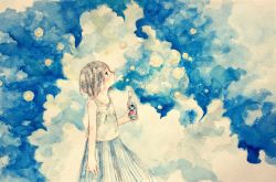 Rule 34 | 1girl, bottle, bubble, chyoma, highres, looking up, original, painting (medium), solo, standing, tagme, traditional media, watercolor (medium)