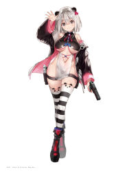 Rule 34 | 1girl, ankle boots, bare shoulders, boots, breasts, brown eyes, closed mouth, desert eagle, dsmile, full body, grey hair, gun, hair ornament, handgun, head tilt, highres, holding, holding weapon, jacket, large breasts, looking at viewer, off shoulder, open clothes, open jacket, original, see-through, shiny skin, simple background, solo, striped clothes, striped thighhighs, tachi-e, thighhighs, thighs, weapon, white background