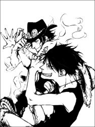 Rule 34 | 2boys, brothers, fire, freckles, hat, male focus, monkey d. luffy, monochrome, multiple boys, one piece, pixiv sample, portgas d. ace, resized, sad face, scar, topless male, shueisha, siblings, smiley face, stampede string, straw hat, tattoo, vessel, waistcoat