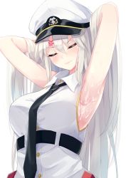 Rule 34 | 1girl, anger vein, angry, armpits, arms behind head, azur lane, bad id, bad pixiv id, belt, breasts, closed eyes, cum, cum on armpits, cum on body, cum on upper body, enterprise (azur lane), hands in hair, hands up, hat, head tilt, hetero, highres, igayan, large breasts, long hair, looking at viewer, necktie, shirt, sidelocks, sleeveless, smile, solo, upper body, white hair, white shirt