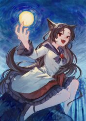 Rule 34 | 1girl, akari0120 s, animal ear fluff, animal ears, brooch, dress, frilled dress, frills, full moon, imaizumi kagerou, jewelry, long hair, long sleeves, moon, night, night sky, open mouth, outdoors, puffy long sleeves, puffy sleeves, sitting, sky, smile, solo, tail, teeth, touhou, upper teeth only, wolf ears, wolf girl, wolf tail