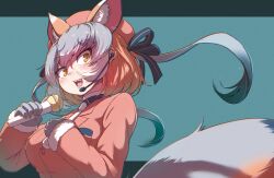 Rule 34 | 1girl, animal ears, blue background, brown hair, extra ears, fox ears, fox girl, fox tail, gloves, grey hair, hat, headset, highres, island fox (kemono friends), jacket, kemono friends, kemono friends v project, long hair, looking at viewer, microphone, necktie, okyao, ribbon, shirt, simple background, solo, tail, twintails, virtual youtuber, yellow eyes