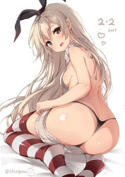 Rule 34 | 10s, 1girl, 2017, :d, ass, backless outfit, bare back, bare shoulders, black panties, blonde hair, breasts, butt crack, chiyingzai, dated, dress, from behind, full body, grey eyes, hair between eyes, hairband, head tilt, highleg, highleg panties, kantai collection, long hair, looking at viewer, meme attire, no bra, open mouth, panties, shimakaze (kancolle), sideboob, sitting, small breasts, smile, solo, striped clothes, striped thighhighs, sweater, sweater dress, thighhighs, thighs, turtleneck, turtleneck sweater, underwear, virgin killer sweater