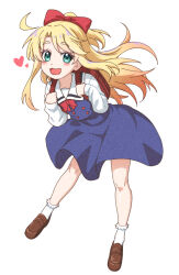 1girl :3 backpack bag blonde_hair blue_dress blush bow brown_shoes commentary_request dress full_body fuyuzora green_eyes hair_bow heart himesaka_noa long_hair long_sleeves looking_at_viewer open_mouth randoseru red_bag red_bow sailor_collar sailor_dress school_uniform shoes simple_background smile socks solo thick_eyebrows watashi_ni_tenshi_ga_maiorita! white_background white_sailor_collar white_socks