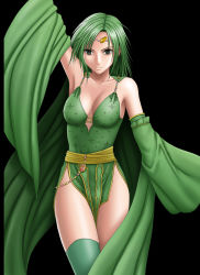 Rule 34 | 1990s (style), 1girl, breasts, cape, cleavage, crimson comics, detached sleeves, final fantasy, final fantasy iv, green eyes, green hair, large breasts, leotard, matching hair/eyes, retro artstyle, rydia (ff4), simple background, solo, thighhighs