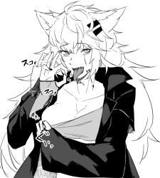 Rule 34 | 1girl, acuonoa, afterimage, ahoge, animal ears, arknights, bandeau, blush, breasts, cleavage, clothes pull, collarbone, commentary, detached sleeves, fellatio gesture, fingernails, furrowed brow, greyscale, hair between eyes, hair ornament, hairclip, half-closed eyes, hands up, hatching (texture), heart, jacket, lappland (arknights), layered sleeves, linear hatching, long hair, long sleeves, looking at viewer, medium breasts, messy hair, midriff peek, monochrome, motion lines, nail polish, naughty face, open clothes, open jacket, open mouth, scar, scar across eye, scar on face, sharp teeth, simple background, sleeves past wrists, solo, standing, teeth, tongue, tongue out, translation request, upper body, upper teeth only, very long hair, wide sleeves, wolf ears, wolf girl