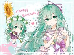 Rule 34 | 1girl, alternate costume, black footwear, chibi, closed mouth, date a live, dress, ff4mytruelove, flower, green eyes, green hair, hair flower, hair ornament, hair ribbon, happy birthday, heart, heart hands, highres, long hair, long sleeves, looking at viewer, kyouno natsumi, neck ribbon, red ribbon, ribbon, socks, solo, spoken heart, sunflower, white socks