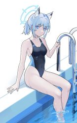 Rule 34 | 1girl, animal ear fluff, animal ears, black one-piece swimsuit, blue archive, blue eyes, competition swimsuit, cross hair ornament, extra ears, feet out of frame, grey hair, hair ornament, halo, highres, low ponytail, medium hair, mismatched pupils, multicolored clothes, multicolored swimsuit, official alternate costume, one-piece swimsuit, pool ladder, sedai, shiroko (blue archive), shiroko (swimsuit) (blue archive), short ponytail, soaking feet, solo, swimsuit, water, wolf ears
