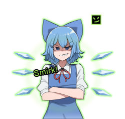 Rule 34 | &gt;:), 1girl, blouse, blue dress, blue eyes, blue hair, blue ribbon, bow, breasts, cirno, dress, dress shirt, english text, hair bow, highres, ice, ice wings, mata (matasoup), pinafore dress, puffy short sleeves, puffy sleeves, red bow, red ribbon, ribbon, shirt, short hair, short sleeves, simple background, sleeveless dress, small breasts, smirk, touhou, v-shaped eyebrows, white background, white shirt, wing collar, wings