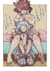 Rule 34 | 2girls, = =, alternate costume, animal ears, barefoot, bed, blush, breasts, brown background, brown hair, closed eyes, closed mouth, collarbone, commentary request, dantsu flame (umamusume), grey hair, hair between eyes, hair ornament, highres, hishi miracle (umamusume), horse ears, horse girl, horse tail, maharu66, medium breasts, multiple girls, open mouth, pajamas, pillow, seiza, simple background, sitting, soles, tail, translation request, umamusume