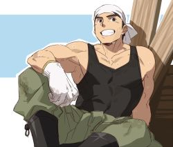 Rule 34 | 1boy, bara, bare shoulders, black tank top, boots, covered abs, gloves, green pants, grin, head scarf, large pectorals, pectoral cleavage, male focus, muscular, muscular male, original, pants, pectorals, re:ar, ryanpei, short hair, sideburns, sidepec, smile, solo, spread legs, sweat, tank top, tonogawachi tatsuomi, white gloves, wood
