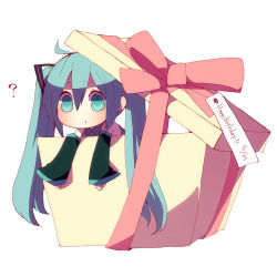 Rule 34 | 1girl, ?, aqua eyes, aqua hair, box, chibi, detached sleeves, gift, happy birthday, hatsune miku, in box, in container, long hair, niwako, simple background, solo, twintails, very long hair, vocaloid