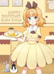 Rule 34 | :o, angora rabbit, anko (gochiusa), blonde hair, bow, brown dress, brown ribbon, character name, character request, commentary request, couch, dress, feet out of frame, gochuumon wa usagi desu ka?, green eyes, hair ribbon, happy birthday, heart, highres, holding, holding tray, indoors, kirima syaro, looking at viewer, mitya, parted lips, puffy short sleeves, puffy sleeves, rabbit, ribbon, sanrio, short sleeves, solo focus, standing, table, tippy (gochiusa), tray, twitter username, white bow, wild geese, wooden floor
