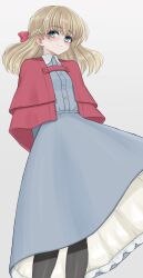 Rule 34 | 1girl, arms behind back, black pantyhose, blonde hair, blue dress, blue eyes, blush, bow, braid, buttons, capelet, closed mouth, collared dress, dress, flat chest, floating hair, frilled dress, frills, gradient background, grey background, hair bow, half updo, highres, long hair, long sleeves, looking at viewer, mustee, original, paid reward available, pantyhose, red bow, red capelet, ribbon, simple background, single braid, smile, solo, standing