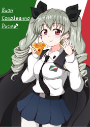 Rule 34 | 1girl, :t, anchovy (girls und panzer), anzio school uniform, belt, black belt, black cape, black necktie, black ribbon, black skirt, cape, character name, commentary, cowboy shot, dress shirt, drill hair, eating, eighth note, emblem, flag background, food, food on face, food on hand, girls und panzer, green hair, hair ribbon, happy birthday, highres, holding, holding food, ikuno (ramaki4kan), italian flag, italian text, long hair, long sleeves, looking at viewer, miniskirt, musical note, necktie, pantyhose, pizza, pleated skirt, red eyes, ribbon, school uniform, shirt, skirt, solo, standing, twin drills, twintails, white pantyhose, white shirt