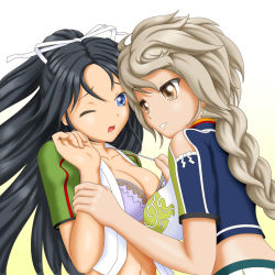 Rule 34 | 10s, 2girls, alternate breast size, asymmetrical hair, bare shoulders, black hair, blue eyes, breasts, collarbone, commentary request, crop top, hair ornament, kantai collection, katsuragi (kancolle), large breasts, long hair, looking at another, midriff, multiple girls, navel, one eye closed, open clothes, parted lips, ponytail, shiba cyon, silver hair, strap pull, undressing, unryuu (kancolle), very long hair, yellow eyes, yuri