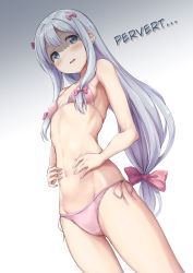 Rule 34 | 10s, 1girl, absurdres, akita hika, bikini, blue eyes, blush, bow, breasts, cowboy shot, eromanga sensei, gradient background, grey background, grey hair, hair bow, hands on own stomach, hard-translated, highres, izumi sagiri, long hair, looking at viewer, low-tied long hair, parted lips, pink bikini, pink bow, shaded face, side-tie bikini bottom, small breasts, solo, stomach, swimsuit, tall, teeth, thighs, third-party edit, translated, white background
