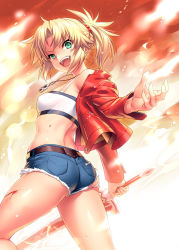 Rule 34 | 1girl, ass, bandeau, bare shoulders, belt, blonde hair, braid, breasts, clarent (fate), cutoffs, denim, denim shorts, fate/apocrypha, fate (series), french braid, green eyes, hair ornament, hair scrunchie, highres, jacket, long hair, long sleeves, looking at viewer, mordred (fate), mordred (fate/apocrypha), mordred (memories at trifas) (fate), off shoulder, open clothes, open jacket, open mouth, parted bangs, ponytail, red jacket, red scrunchie, scrunchie, shorts, sidelocks, small breasts, smile, solo, sword, thighs, weapon, zen