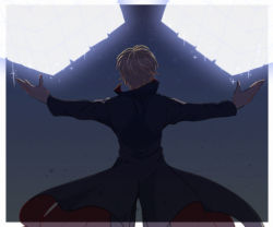 Rule 34 | 1boy, black coat, blonde hair, border, chokuboron ryou, coat, cowboy shot, cube, facing away, from behind, glowing, izumi kouhei, light brown hair, long sleeves, male focus, night, outstretched arms, short hair, solo, spread arms, two-sided fabric, world trigger