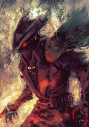 Rule 34 | 1other, artofchinara, blood, bloodborne, claws, cloak, coat, from software, gloves, glowing, glowing eyes, hat, hunter (bloodborne), long sleeves, mask, mouth mask, red eyes, signature, solo, standing, tricorne