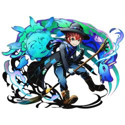Rule 34 | 10s, 1boy, blue eyes, blue scarf, boots, coat, cross-laced footwear, divine gate, dragon, full body, gloves, green eyes, grin, hat, hat over one eye, heterochromia, index finger raised, lace-up boots, looking at viewer, male focus, marc (divine gate), official art, paintbrush, red hair, riding, scarf, short hair, smile, solo, sun, transparent background, ucmm, white gloves