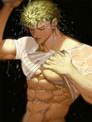 Rule 34 | 1boy, abs, bare pectorals, biceps, closed eyes, clothes lift, earrings, green hair, jewelry, large pectorals, lifting own clothes, long sideburns, male focus, muscular, muscular male, navel, one piece, parted lips, pectorals, pouring, pouring onto self, roronoa zoro, runa (nori31291404), scar, scar on chest, see-through, shirt, shirt lift, short hair, sideburns, single earring, solo, stitches, stomach, upper body, water drop, wet, wet clothes, wet hair, wet shirt, white shirt