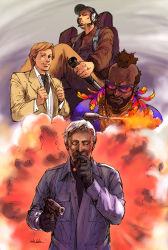 Rule 34 | 4boys, aka bobo, animification, b.a. baracus, blonde hair, brown eyes, brown hair, cigar, explosion, grey hair, gun, h.m. &quot;howling mad&quot; murdock, highres, john &quot;hannibal&quot; smith, male focus, mr t, multiple boys, short hair, sunglasses, templeton &quot;faceman&quot; peck, the a-team, weapon