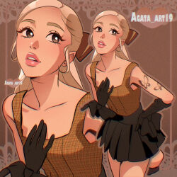 Rule 34 | 1girl, absurdres, animification, ariana grande, arm tattoo, black bow, black gloves, black skirt, blonde hair, bow, brown bow, brown eyes, brown shirt, collarbone, gloves, hair bow, hand on own hip, heart, highres, leaning forward, parted lips, pink lips, pirorin21century, plaid, plaid shirt, pleated skirt, real life, shirt, skirt, solo, tattoo, twitter username, wrist bow, zoom layer