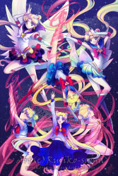 Rule 34 | 1990s (style), 6+girls, :o, arm up, arms up, artist name, bishoujo senshi sailor moon, bishoujo senshi sailor moon (first season), bishoujo senshi sailor moon r, bishoujo senshi sailor moon s, bishoujo senshi sailor moon sailor stars, bishoujo senshi sailor moon stars, bishoujo senshi sailor moon supers, blonde hair, blue background, blue dress, blue eyes, blue sailor collar, blue skirt, boots, bow, brooch, choker, closed eyes, costume chart, crescent, crescent facial mark, double bun, dress, earrings, elbow gloves, eternal sailor moon, facial mark, forehead mark, gloves, hair bun, hair ornament, hairpin, heart, heart brooch, henshin, highres, jewelry, knee boots, layered skirt, leg up, leotard, long hair, magical girl, miniskirt, multicolored clothes, multicolored skirt, multiple girls, multiple persona, naked ribbon, nude, open mouth, pleated skirt, red bow, retro artstyle, ribbon, ruriko (yaoihyper), sailor collar, sailor moon, school uniform, see-through, serafuku, skirt, smile, super sailor moon, tiara, transformation, tsukino usagi, twintails, very long hair, watermark, web address, white footwear, white gloves, wings