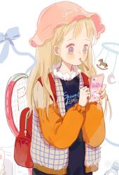 Rule 34 | 1girl, backpack, bag, black shirt, blonde hair, blue bow, blush stickers, bow, bow print, cellphone, collared shirt, commentary, english commentary, english text, eyelashes, flower in eye, food, food in mouth, frilled sleeves, frills, fruit, fur collar, hat, holding, holding phone, jacket, jersey, long hair, long sleeves, looking at object, mob cap, nail polish, orange (fruit), orange slice, original, phone, pink hat, plaid, plaid jacket, pocky, pocky in mouth, puffy long sleeves, puffy sleeves, purple eyes, putong xiao gou, racket, red bag, red nails, rocking horse, shirt, smartphone, solo, straight hair, symbol in eye, t-shirt, tennis racket, two-tone sleeves, unicorn, upper body, white background, white jacket, white sleeves