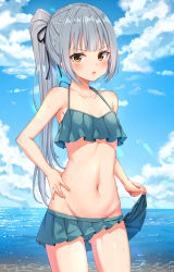 Rule 34 | 1girl, :o, absurdres, bad id, bad pixiv id, bare arms, bare shoulders, bikini, bikini skirt, black ribbon, blue bikini, blue skirt, blue sky, blush, brown eyes, cameltoe, clothes lift, cloud, cloudy sky, collarbone, cowboy shot, gluteal fold, green bikini, groin, hair ribbon, halterneck, highres, horizon, kantai collection, kasumi (kancolle), lifted by self, long hair, looking at viewer, miniskirt, navel, ocean, outdoors, parted lips, pleated skirt, ponytail, ribbon, sidelocks, silver hair, skirt, skirt lift, sky, solo, standing, stomach, sunlight, swimsuit, v-shaped eyebrows, water, xue lu