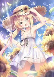 Rule 34 | 1girl, :d, arm up, armpits, bandaid, bandaid on arm, bare arms, bare shoulders, black ribbon, blonde hair, blue sky, blurry, blurry foreground, blush, breasts, brown eyes, brown hat, cloud, commentary request, day, depth of field, dress, fang, field, flower, flower field, gluteal fold, hair between eyes, hat, hat flower, highres, holding, hose, long hair, moe2020, natuna natu, open mouth, original, outdoors, panties, ribbon, sky, sleeveless, sleeveless dress, small breasts, smile, solo, standing, straw hat, striped clothes, striped panties, sunflower, sunflower field, twintails, underwear, very long hair, water, white dress, yellow flower