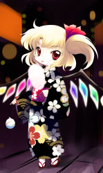 Rule 34 | 1girl, :p, blonde hair, child, cotton candy, female focus, flandre scarlet, highres, japanese clothes, kimono, no headwear, no headwear, red eyes, sandals, short hair, side ponytail, solo, embodiment of scarlet devil, tongue, tongue out, touhou, wings, yukata, yume shokunin