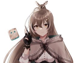 Rule 34 | 1girl, ahoge, brown capelet, brown cloak, brown corset, brown eyes, brown hair, capelet, cloak, corset, feather hair ornament, feathers, friend (nanashi mumei), gloves, hair ornament, hairclip, hieroglyphics, highres, hololive, hololive english, ichika mihi, looking at viewer, multicolored hair, nanashi mumei, partially fingerless gloves, pencil, ponytail, ribbon, shirt, smile, streaked hair, virtual youtuber, white shirt