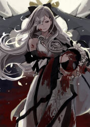 Rule 34 | 1girl, black bow, blood, blood on clothes, blood on face, bloody weapon, bow, detached sleeves, drag-on dragoon, drag-on dragoon 3, dragon, flower, flower over eye, hair bow, highres, holding, holding sword, holding weapon, kmusy mp4, long hair, long sleeves, mikhail (drag-on dragoon), pink hair, sketch, sword, weapon, zero (drag-on dragoon)