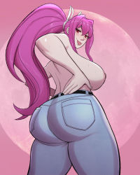 Rule 34 | 1girl, ass, blush, breasts, denim, denim pants, hair ribbon, hands on own hips, highres, huge ass, huge breasts, jeans, legs, long hair, looking at viewer, looking back, naughty face, nipples, pants, ponytail, purple hair, red eyes, ribbon, sideboob, smile, solo, sweat, thick thighs, thighs, tongue, tongue out, topless, under night in-birth, very long hair, yuzuriha (under night in-birth)
