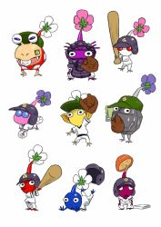 Rule 34 | animal, arm up, ball, baseball bat, baseball cap, baseball glove, baseball helmet, baseball uniform, black eyes, black headwear, black shirt, black skin, black sleeves, black vest, blue eyes, blue pikmin, blue skin, bulbmin, closed eyes, clothed animal, colored skin, commentary request, everyone, fangs, floral print, flower, green headwear, hat, hat loss, helmet, holding, holding ball, holding baseball bat, holding towel, hunched over, insect wings, marking on cheek, mouth hold, mushroom, mushroom pikmin, nintendo, no humans, no mouth, nostrils, oversized object, pants, pikmin (creature), pikmin (series), pink flower, pink skin, pointing, pointy nose, polka dot, puffy short sleeves, puffy sleeves, purple flower, purple hair, purple pikmin, purple skin, red eyes, red pikmin, red skin, rock, rock pikmin, shirt, short hair, short sleeves, simple background, solid circle eyes, sportswear, t-shirt, towel, triangle mouth, tripping, umpire, v-shaped eyes, very short hair, vest, white background, white eyes, white flower, white pants, white pikmin, white shirt, white skin, white sleeves, winged pikmin, wings, yamato koara, yellow pikmin, yellow skin