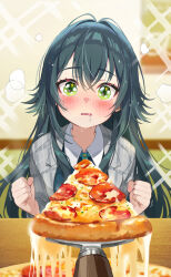 1girl blurry blurry_background blush clenched_hands commentary drooling food gakuen_idolmaster green_eyes green_hair idolmaster long_hair looking_at_viewer m2_(guvn5745) pizza pizza_slice pov saliva solo sparkling_eyes trembling tsukimura_temari