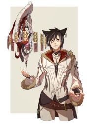 Rule 34 | 1boy, 3four, animal ears, black hair, cat boy, cat ears, choker, commentary, commission, contrapposto, cowboy shot, cropped legs, earrings, final fantasy, final fantasy xiv, grey background, jacket, jewelry, long sleeves, looking at viewer, male focus, original, pants, red eyes, ring, simple background, solo, standing, white pants