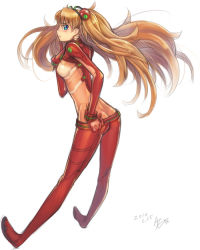 Rule 34 | 00s, 1girl, ass, ayaki, bad id, bad pixiv id, blue eyes, bodysuit, brown hair, butt crack, evangelion: 2.0 you can (not) advance, floating hair, full body, hand on own hip, hip focus, long hair, looking at viewer, looking back, multicolored clothes, neon genesis evangelion, plugsuit, profile, rebuild of evangelion, red bodysuit, see-through, see-through bodysuit, shiny clothes, signature, simple background, solo, souryuu asuka langley, test plugsuit, very long hair, wide hips