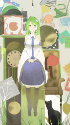 Rule 34 | 1girl, blush, boots, breasts, buttons, cat, chair, clock, detached sleeves, female focus, frog hair ornament, green eyes, green hair, hair ornament, hair tubes, highres, kochiya sanae, light bulb, long hair, medium breasts, phonograph, postage stamp, record, roman numeral, sitting, smile, snake hair ornament, touhou, yugeoryouki