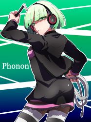 Rule 34 | 1girl, absurdres, ass, from behind, green eyes, green hair, headphones, highres, matching hair/eyes, phonon (under night in-birth), skirt, solo, striped clothes, striped thighhighs, thighhighs, umami mazu, under night in-birth, under night in-birth exe:late[st], whip