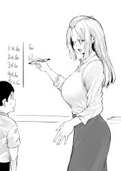 Rule 34 | 1boy, 1girl, absurdres, age difference, aliasing, bangs pinned back, breasts, collared shirt, cowboy shot, glasses, greyscale, highres, inne sulistya robin, large breasts, long hair, marker, math, monochrome, norman maggot, original, pencil skirt, shirt, short sleeves, skirt, sleeves pushed up, standing, sweatdrop, teacher, teaching, whiteboard