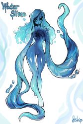 Rule 34 | 1girl, absurdres, artist name, blue eyes, commentary, elemental (creature), english commentary, english text, expressionless, full body, highres, looking at viewer, matilda fiship, monster girl, original, simple background, slime girl, solo, water, white background